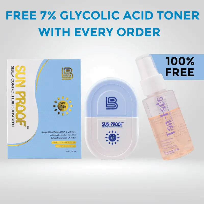 Sunscreen products with a free 7% glycolic acid toner offer on a white background