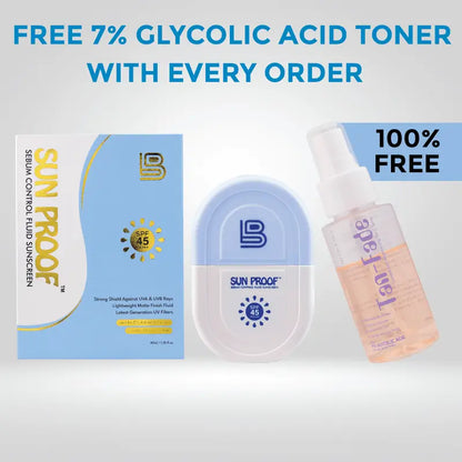 Sunscreen products with a free 7% glycolic acid toner offer on a white background